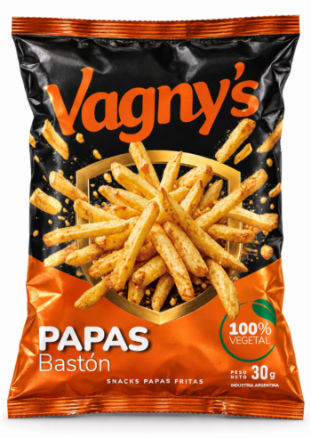 Paquete de Papas Bastón Vagny’s de 30 g sobre fondo blanco